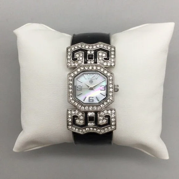 Art Deco Bangle Cuff Watch Womens 21mm Black Enamel Crystal MOP Dial New Battery - Picture 2 of 13